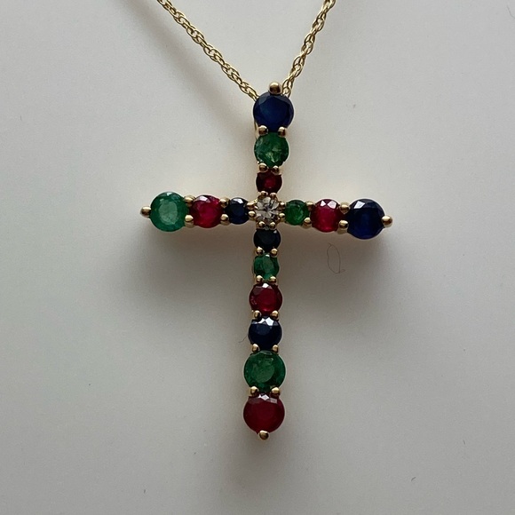 10K Yellow Gold Ruby Emerald and Sapphire Cross Pendant with Chain NEW